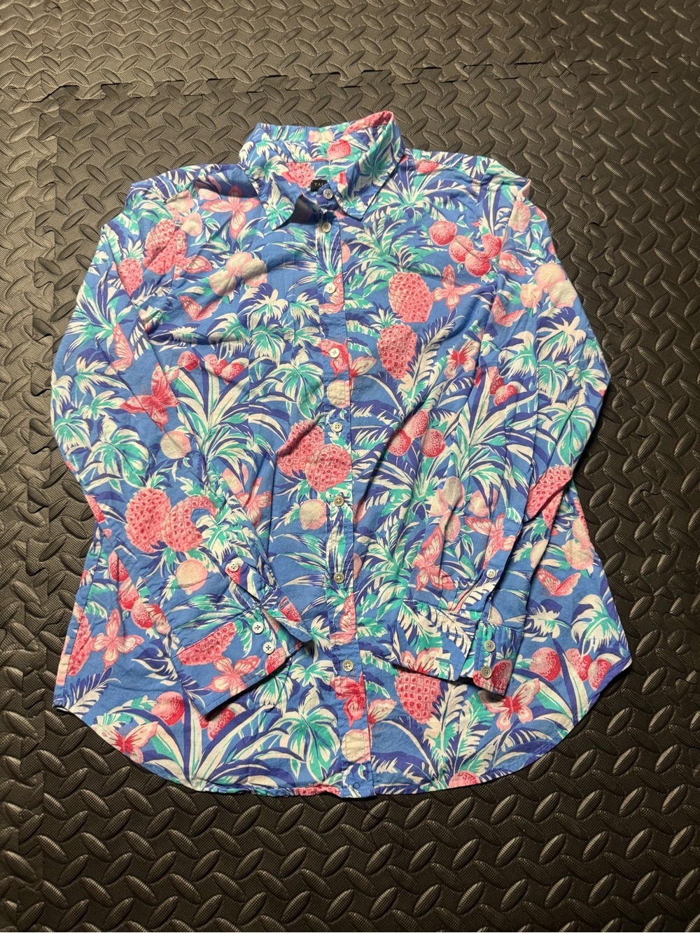 Talbots Women’s Large Tropical Floral Button Down Shirt Blue Pink Long Sleeve - Picture 2 of 10